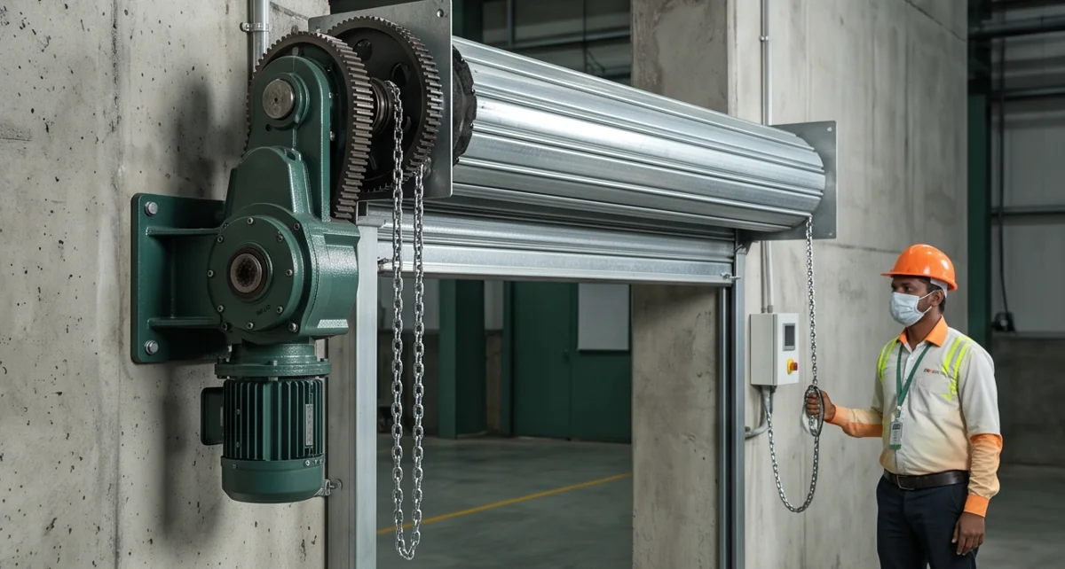 Illustrative heavy rolling shutter drive with manual chain
