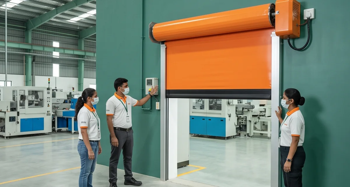 Illustrative high-speed PVC rolling door at a production site