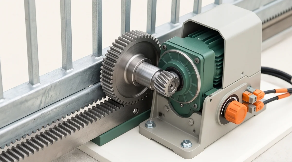 Illustrative geared sliding gate drive and toothed rack