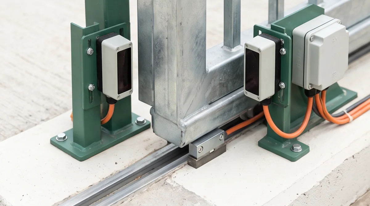 Illustrative safety photocells beside a sliding gate track