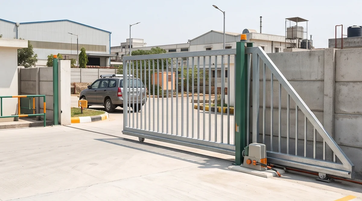 Illustrative motorised sliding gate at an industrial entrance