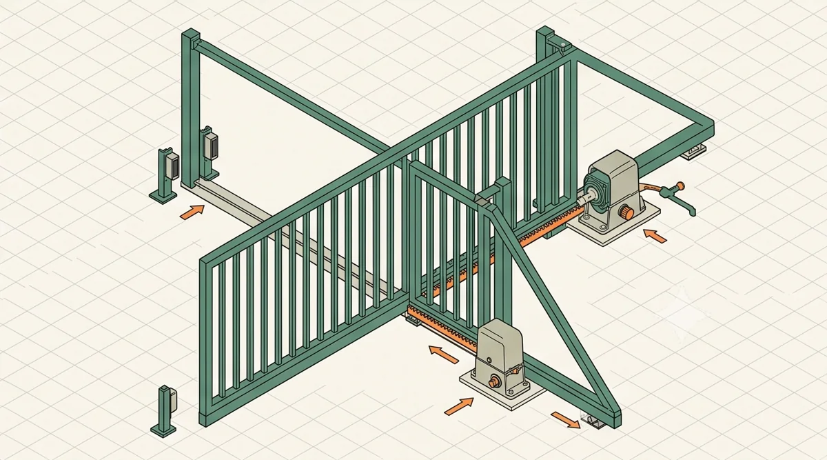 Illustrative diagram of sliding gate drive, sensors and manual release
