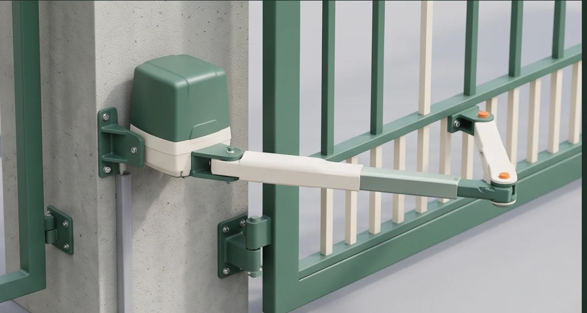 Illustrative arm-type swing gate operator on a pillar