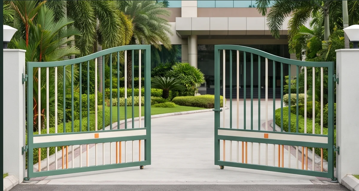 Illustrative automatic double-leaf swing gate at a commercial entrance