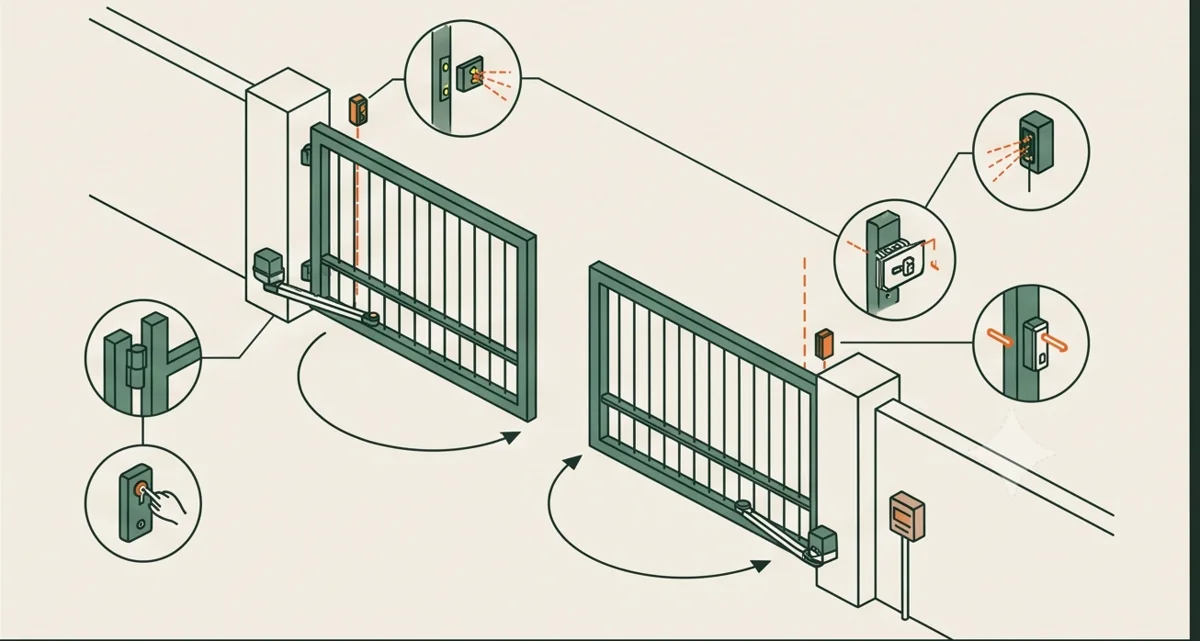 Illustrative swing gate arcs, hinges, controls and safety devices