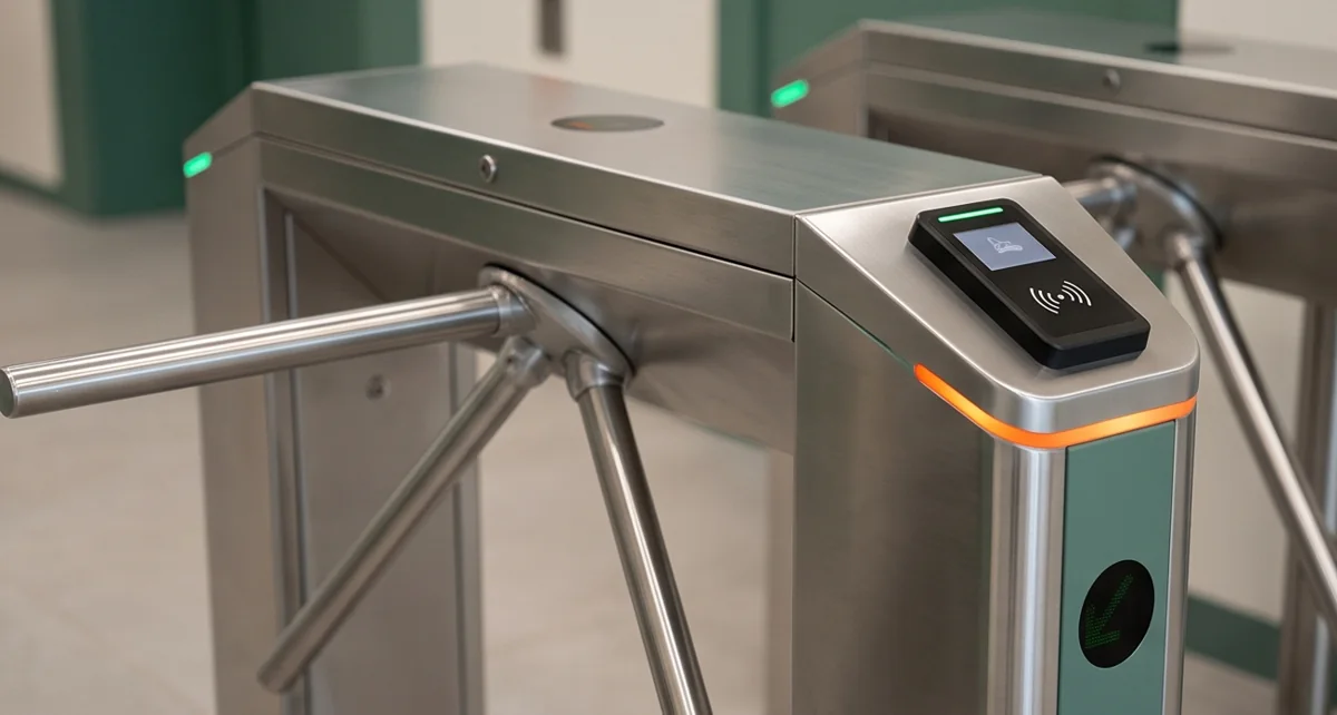 Illustrative tripod turnstile with credential reader