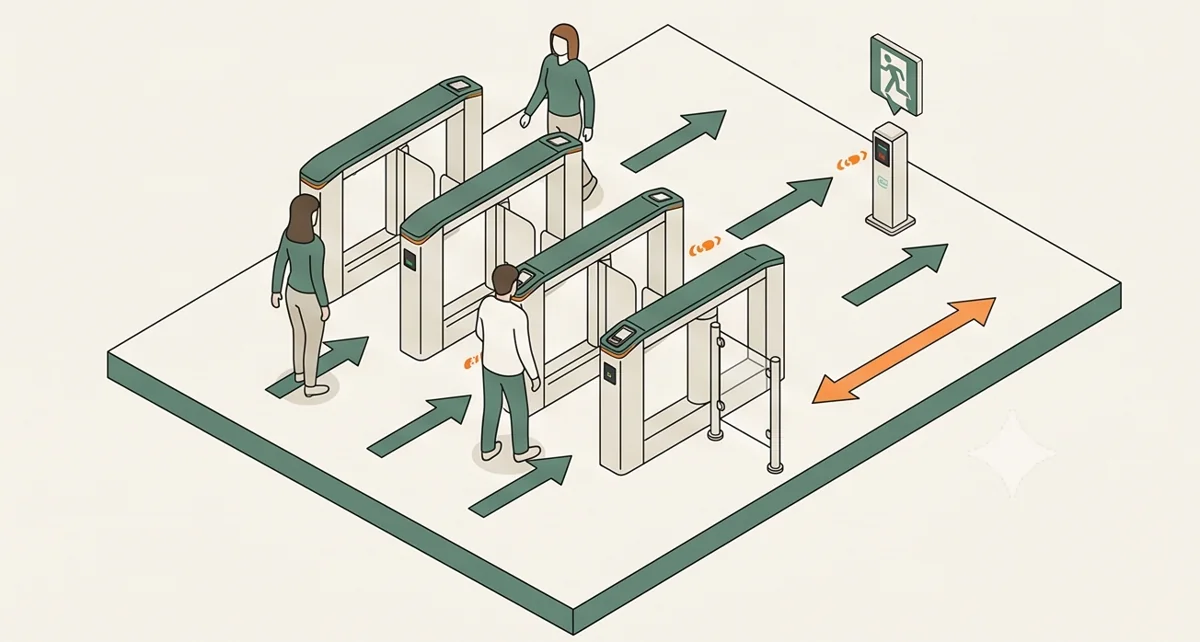 Illustrative pedestrian lanes, credential readers and emergency route