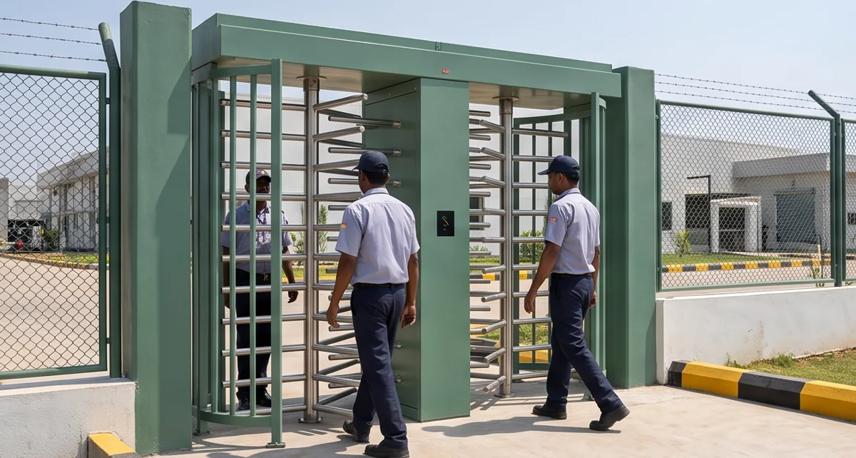 Illustrative full-height turnstile at an industrial entrance
