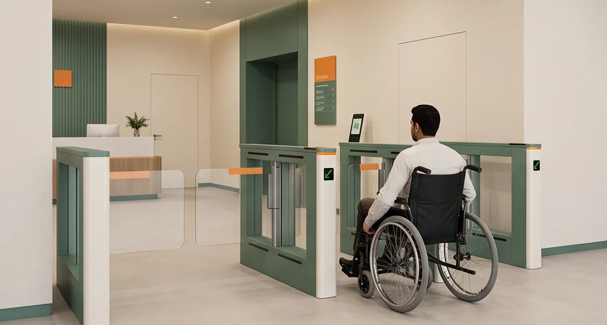 Illustrative accessible pedestrian barrier lane in a commercial lobby