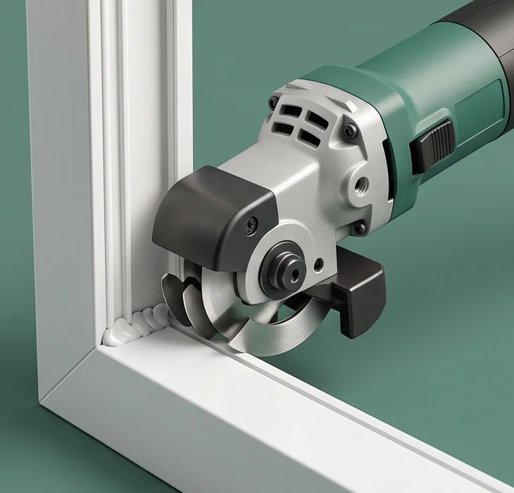 Powered cutter removing weld flash from a uPVC corner