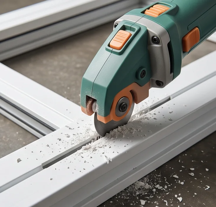 Powered cutter forming a drainage slot in a uPVC profile
