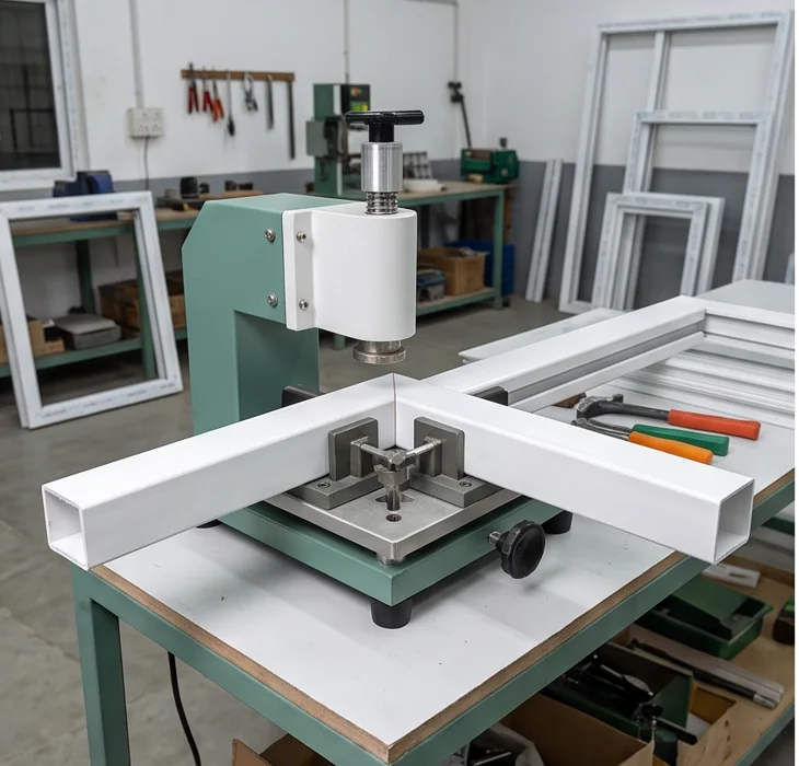 uPVC profile corner welding fixture in a window workshop