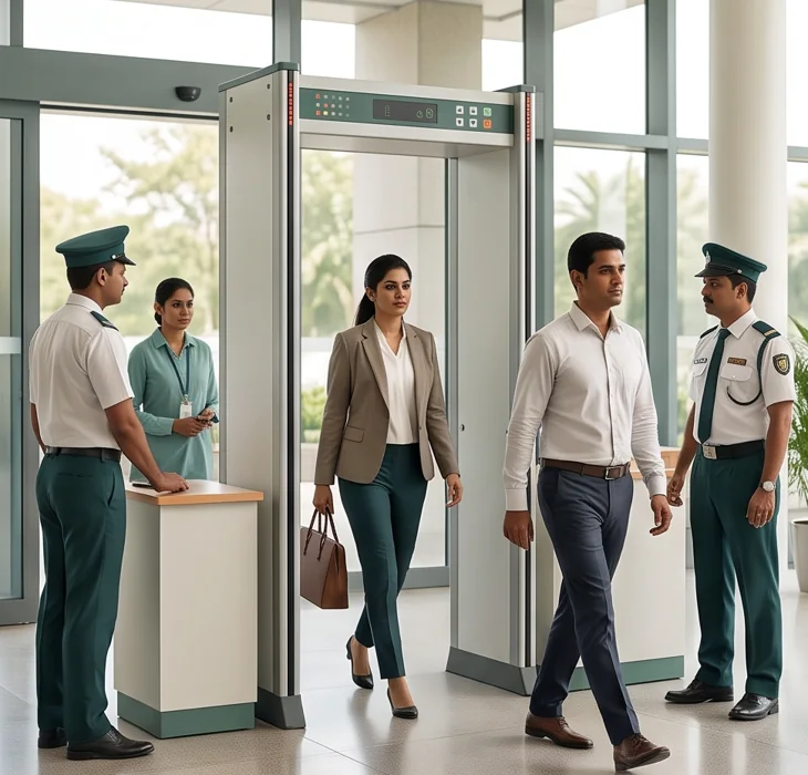 Walk-through metal detector in a staffed institutional entrance