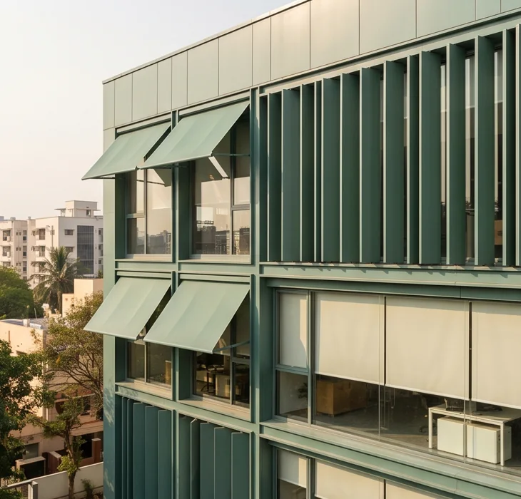 Motorised awnings and louvres on a commercial facade