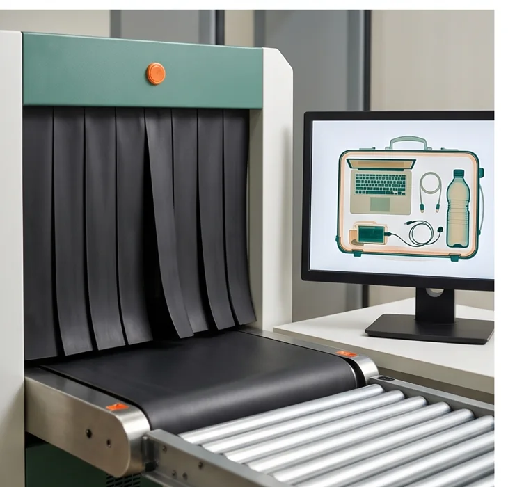 Scanner conveyor, protective curtains and image monitor