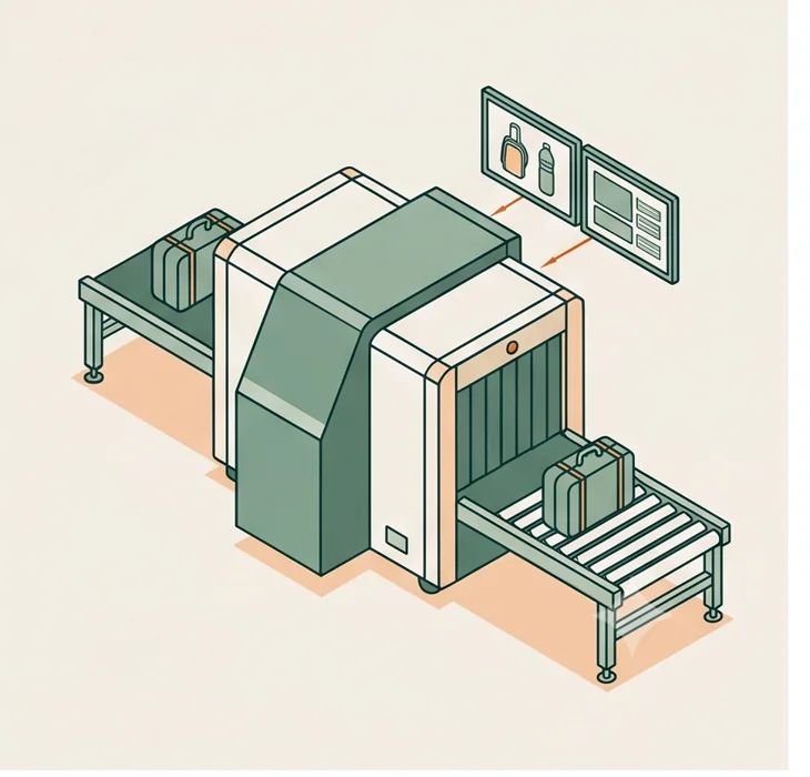 Illustrated bag infeed, inspection and outfeed route