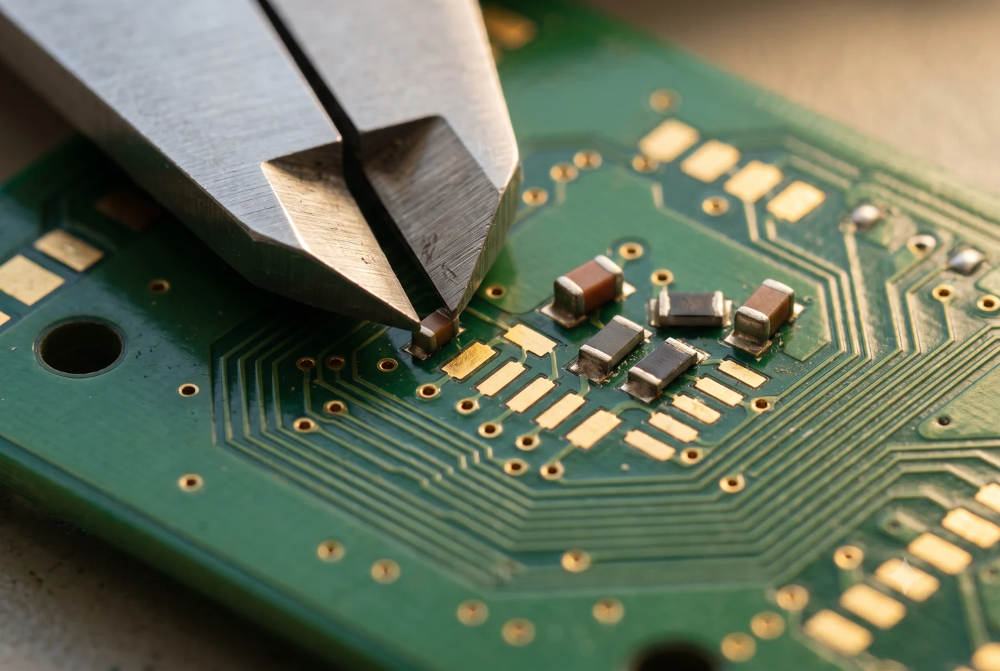 Conceptual macro photograph of surface-mount components, circuit board pads and a caliper