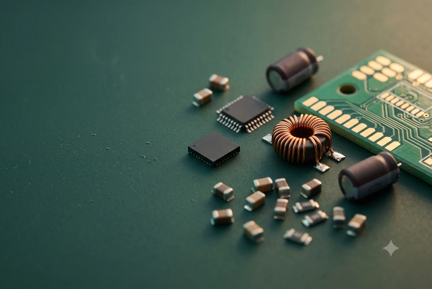 Electronic components and an assembled circuit board on a dark green work surface