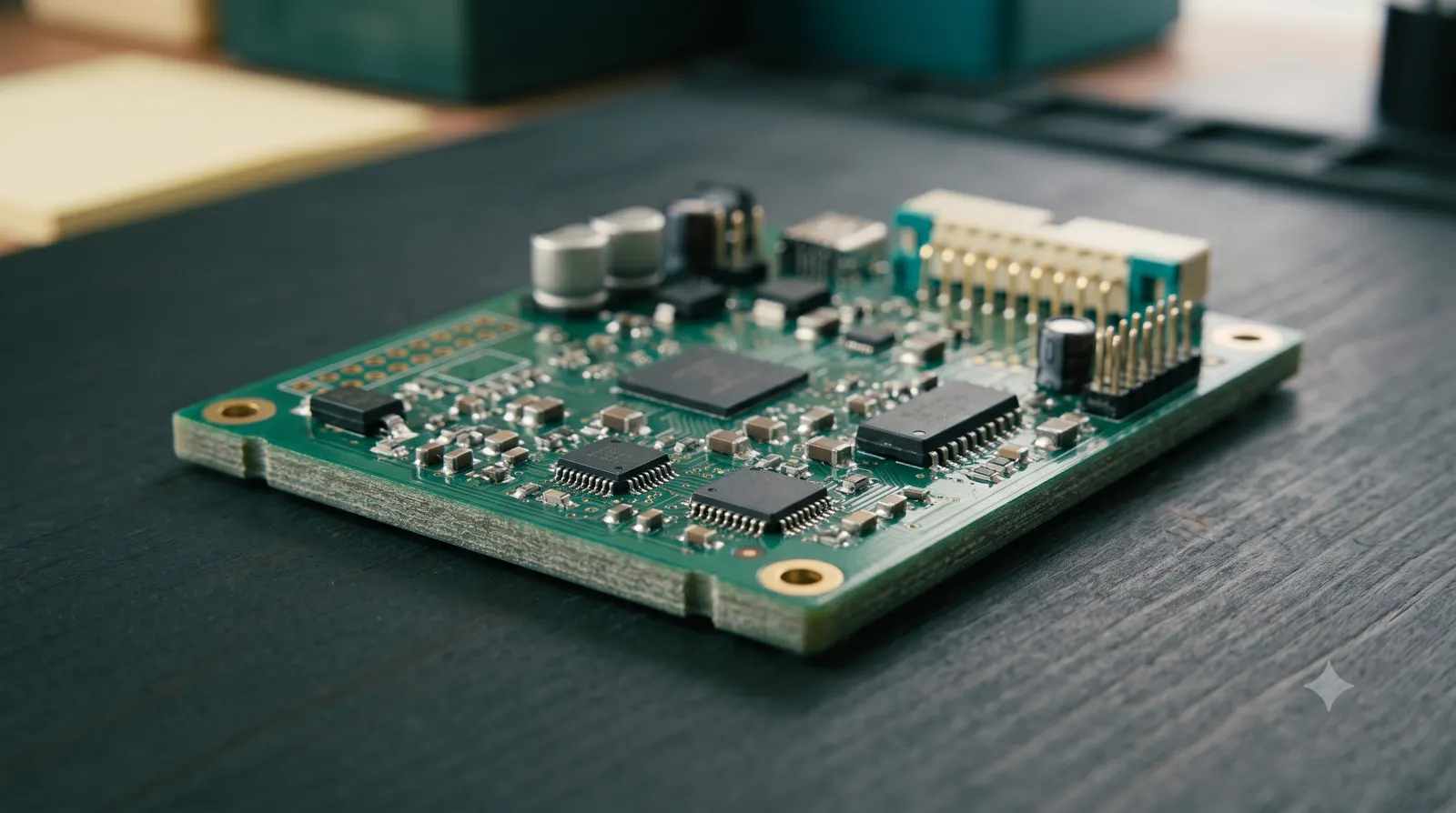 A populated green circuit board with surface-mount components and edge connectors.