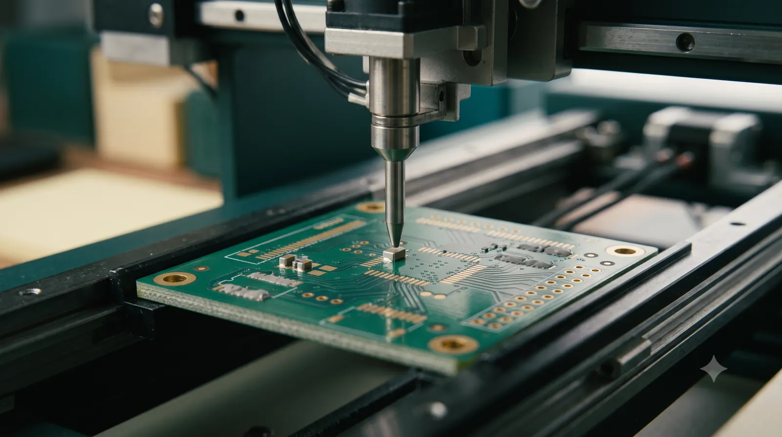 A surface-mount placement head positioned above components on a circuit board.