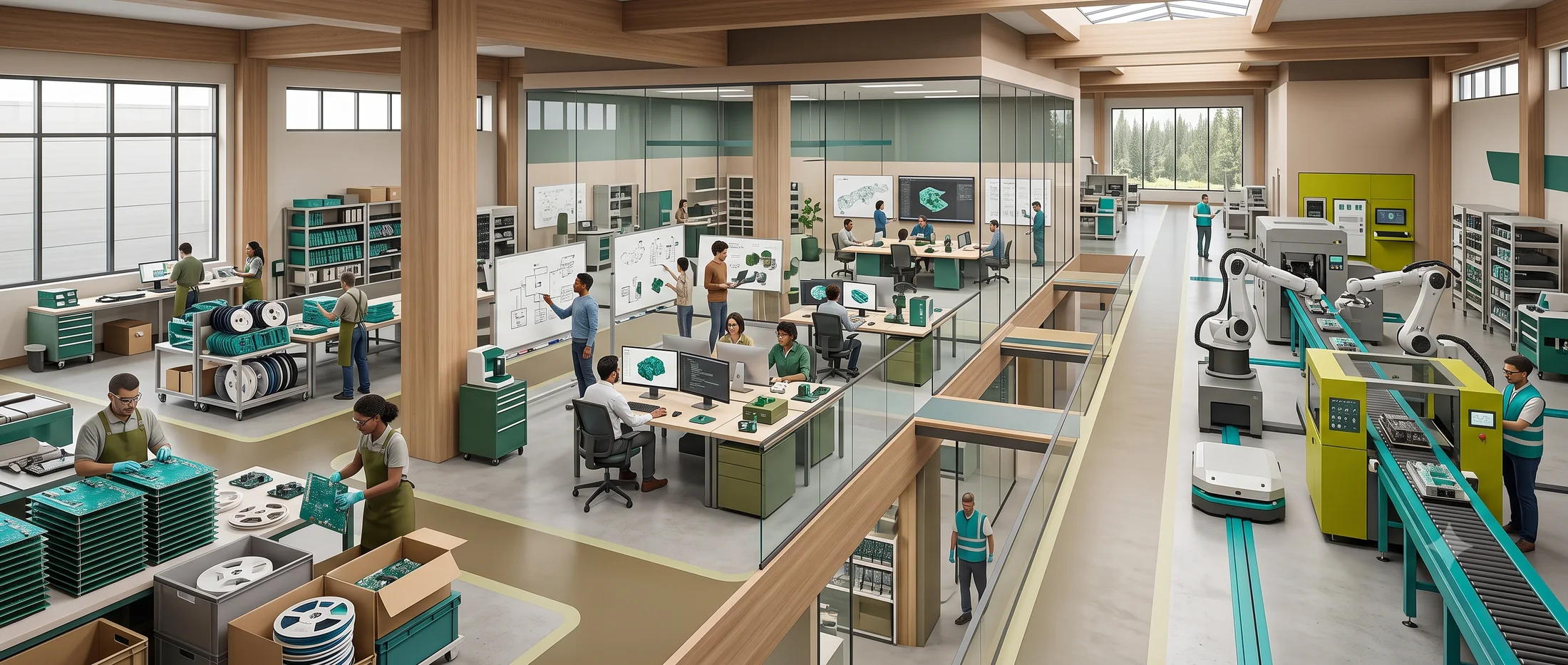 Conceptual composite of PCB manufacturing, electronics product engineering and physical automation equipment