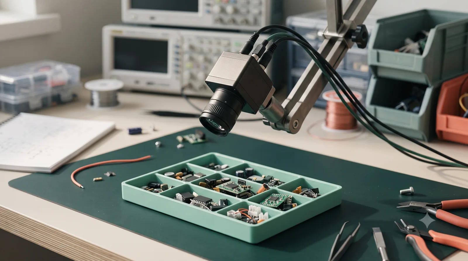 Machine-vision camera and electronic parts arranged for data collection.