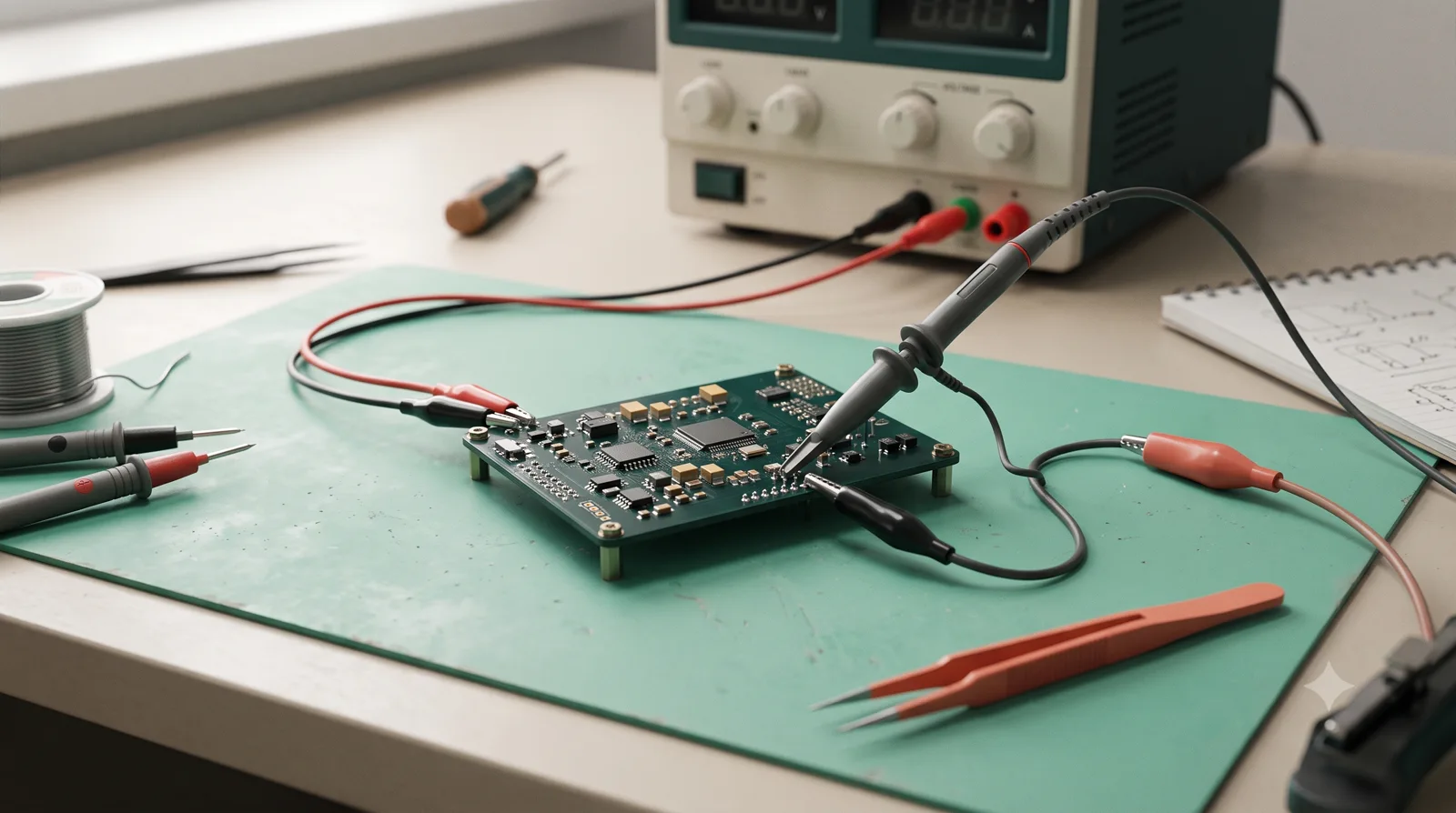 PCB connected to probes and test leads for board bring-up.