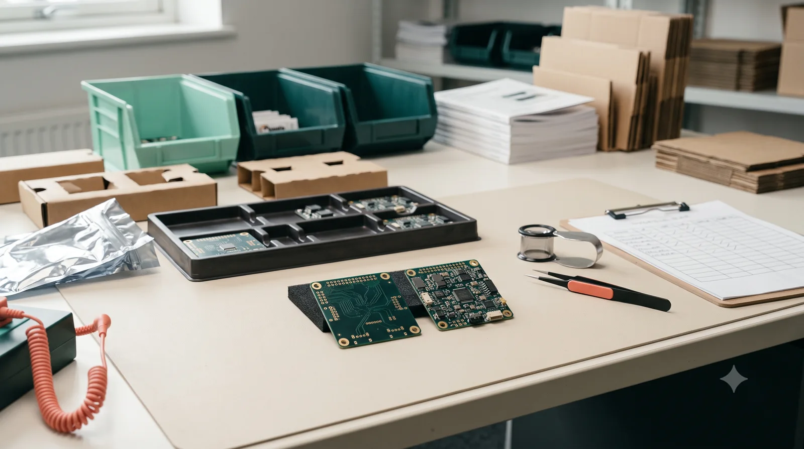 Circuit boards, inspection tools and packing material prepared for assembly handoff.
