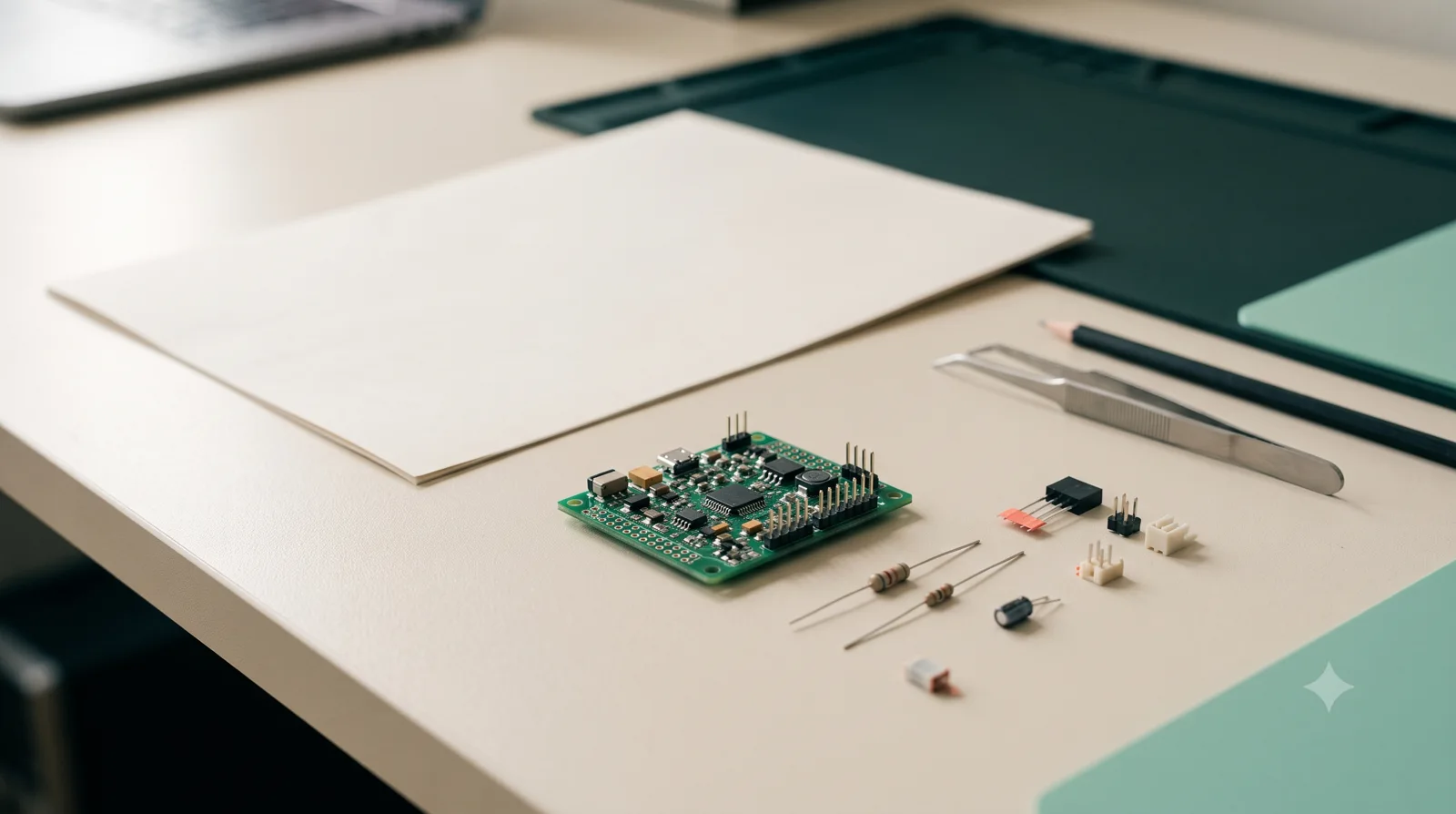 Prototype PCB, electronic components and calipers on an engineering bench.