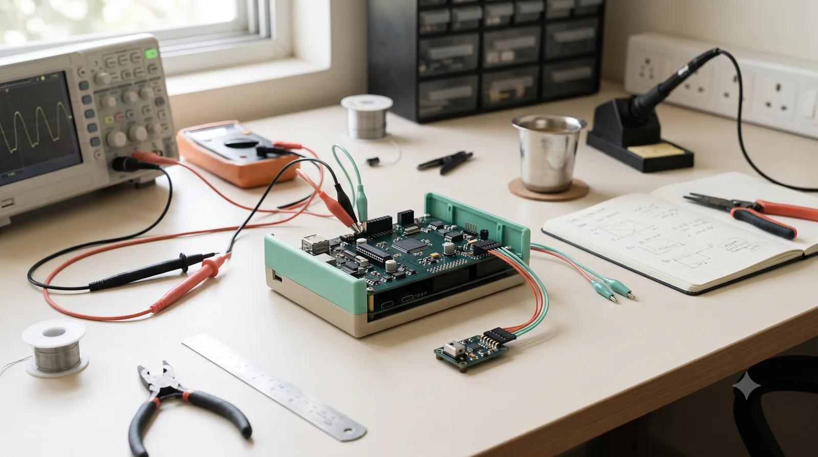 Embedded device and sensor connected for complete-product validation.