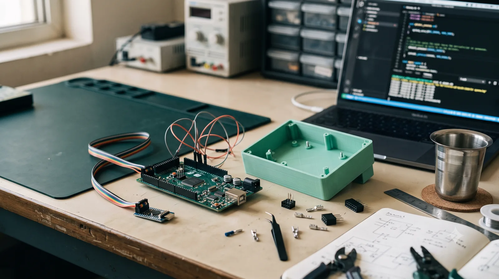 Embedded board, debugger cable and enclosure for hardware and firmware development.