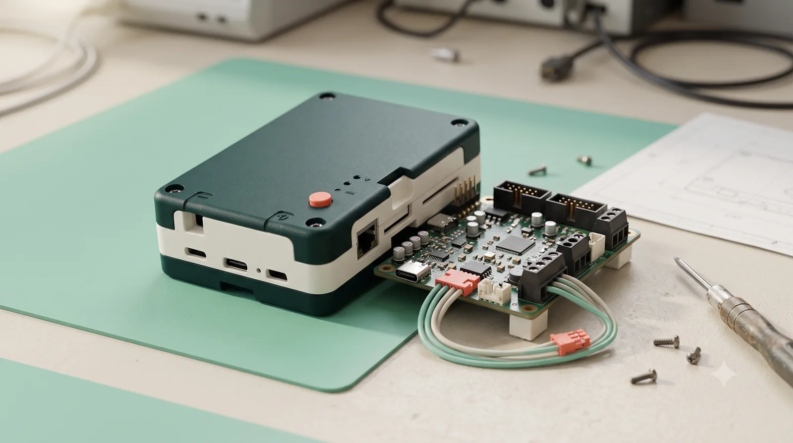 Product enclosure and circuit-board interfaces arranged for integration review.