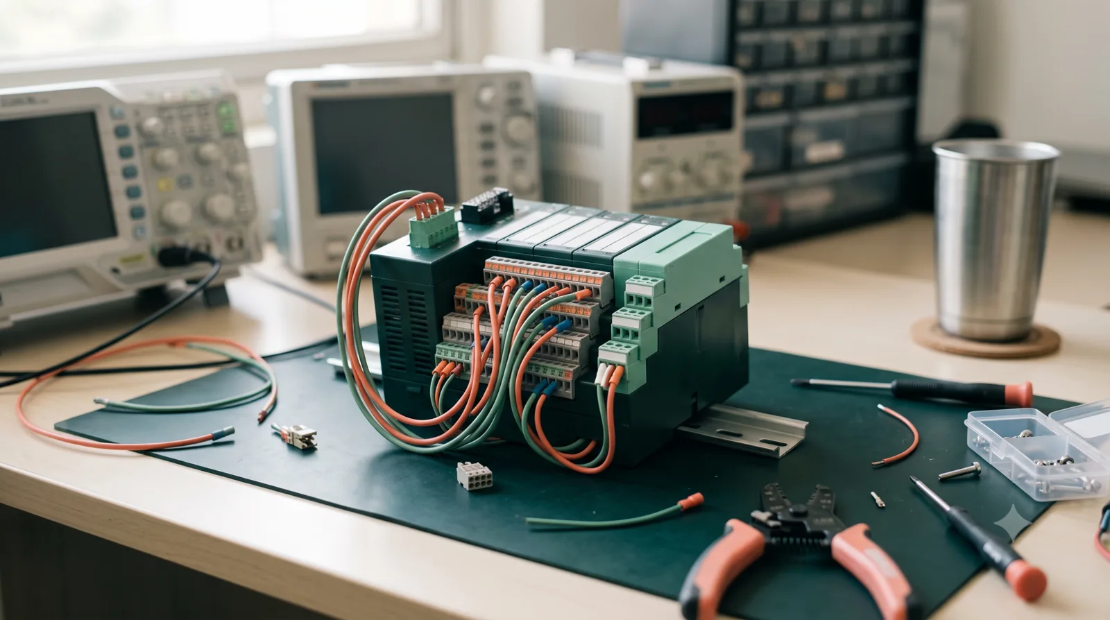 Industrial controller electronics with terminal blocks and a compact enclosure.