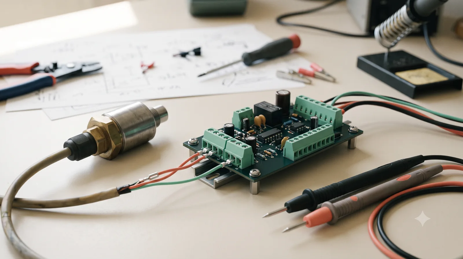 Sensor and controller input board connected for signal validation.