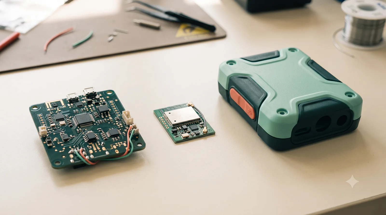 Sensor board, radio module and enclosure for a connected device.