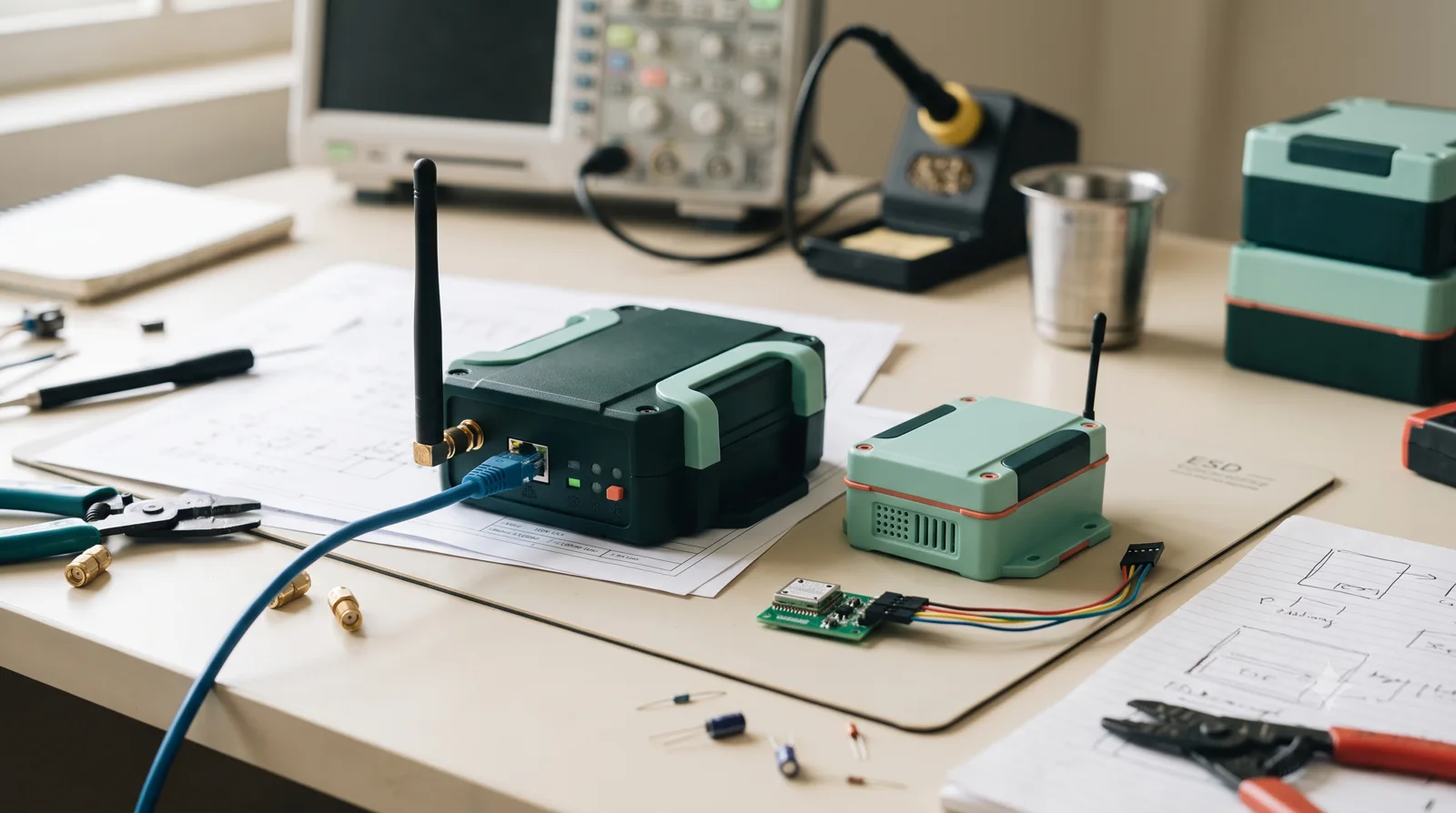 Sensor node and gateway with compact connected-device enclosures.