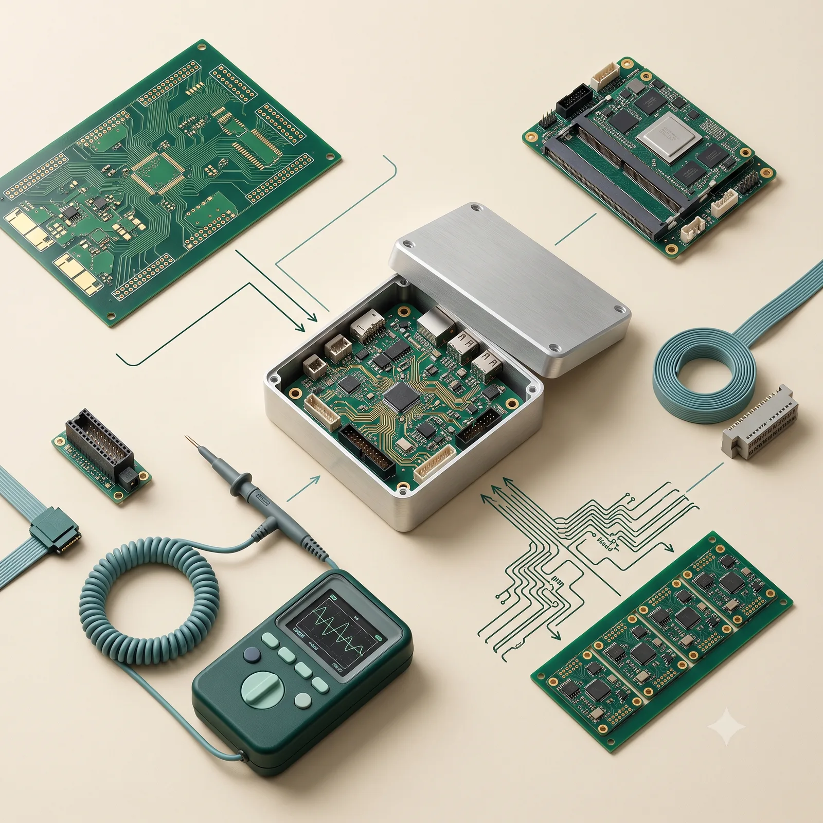 Electronic product prototype with circuit boards, enclosure, cables and test equipment