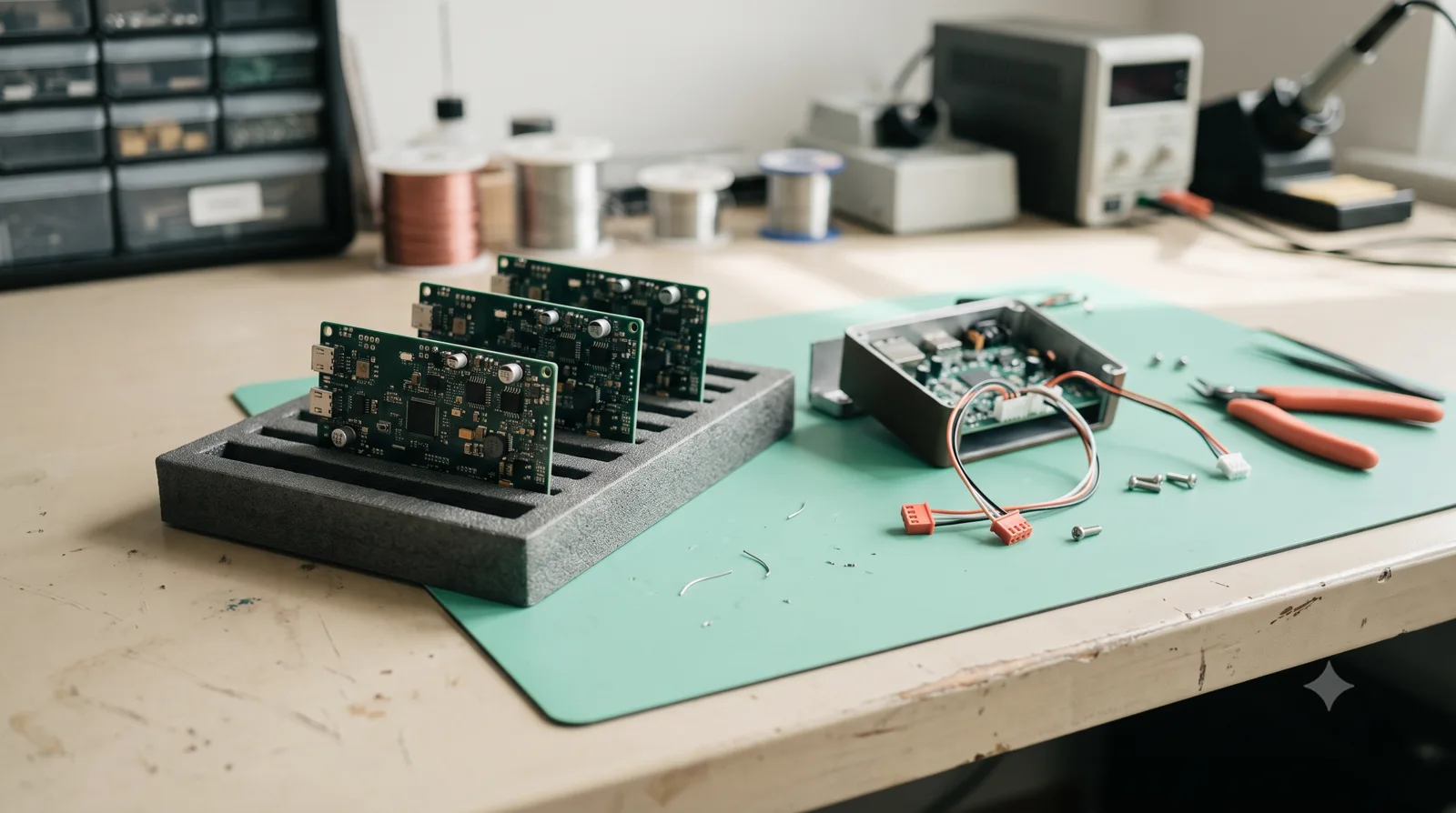 Small group of matching PCB assemblies in an antistatic tray.