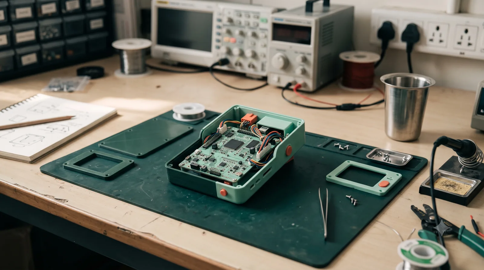 Electronic prototype and enclosure pieces prepared for a build review.