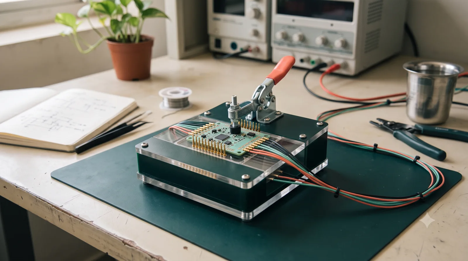 PCB and test fixture prepared for repeatable functional checks.