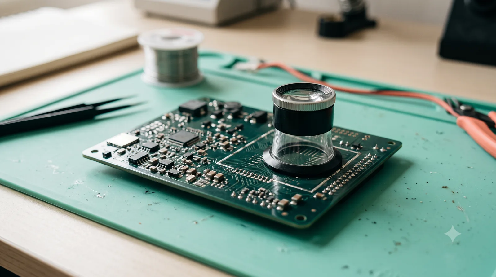 Populated PCB inspected with a magnifying loupe.
