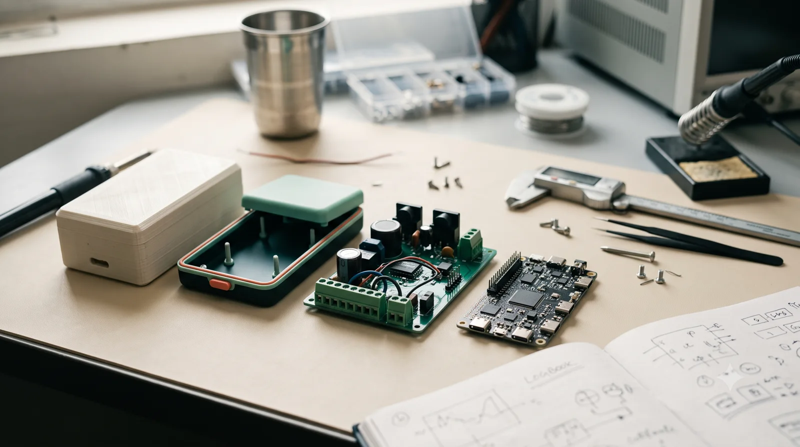 Two circuit-board revisions and an enclosure prototype arranged for design review.