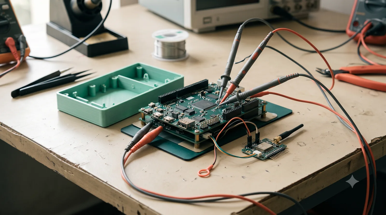PCB, enclosure and embedded hardware on a conceptual engineering workbench.