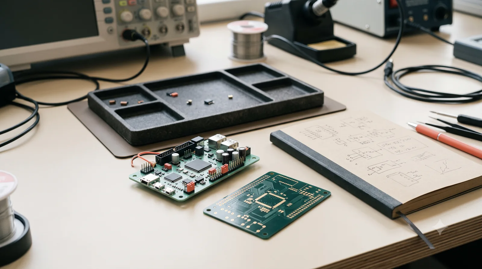 Bare PCB, assembled board, parts tray and design notes for a production handoff.