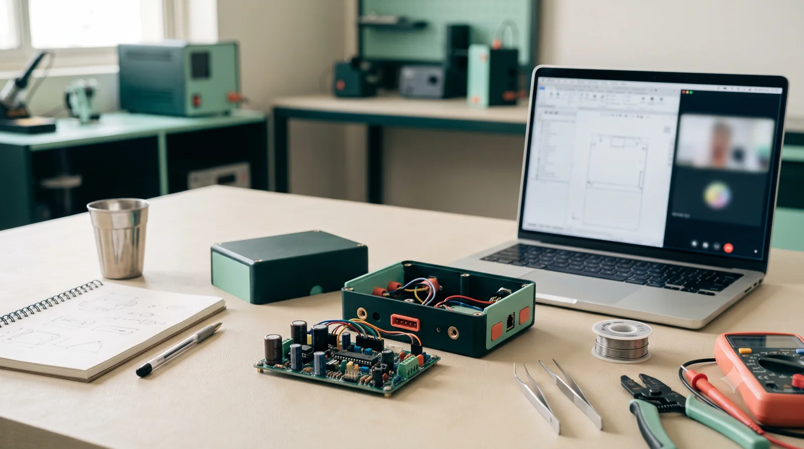 Prototype hardware beside a computer for a remote engineering review.