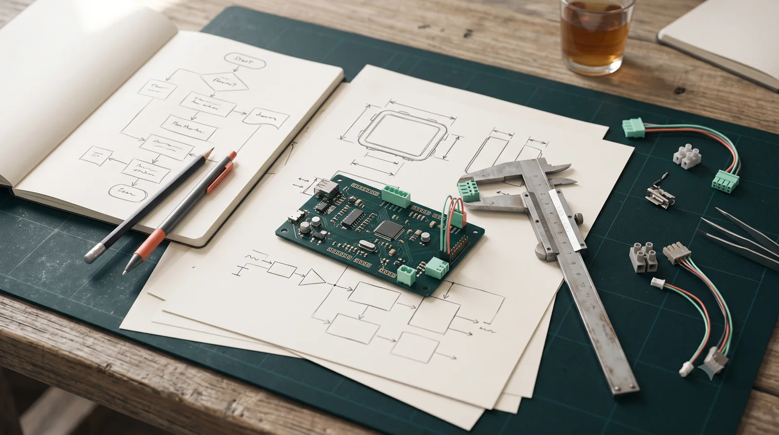 Prototype PCB, connectors and mechanical tools arranged for requirements review.