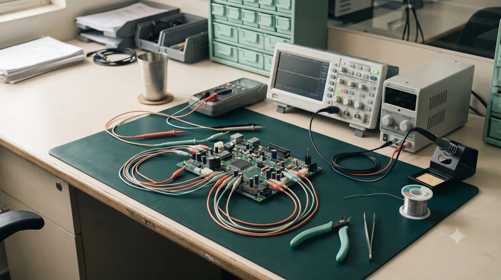 Electronics prototype connected to instruments on a validation bench.