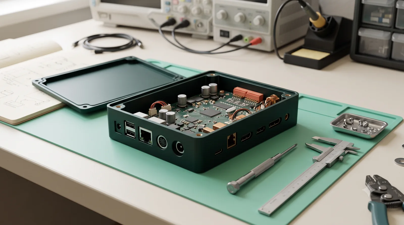 Enclosure prototype and circuit board positioned for mechanical fit review.