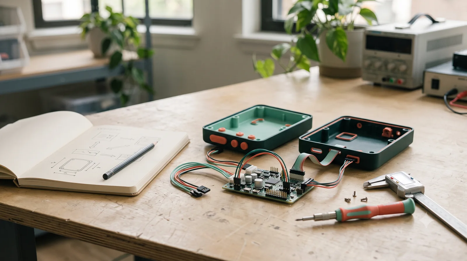 Product enclosure, prototype PCB and interfaces arranged for architecture review.