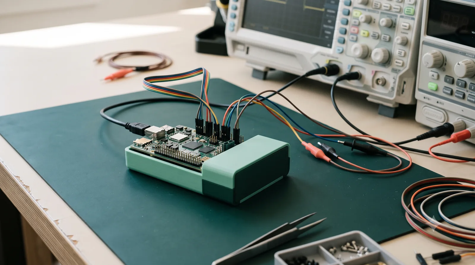 Electronic product prototype connected to instruments for system validation.